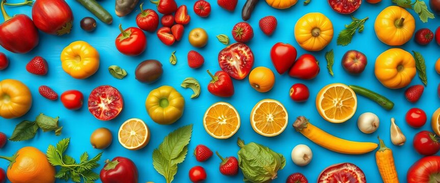Vibrant top-down view of a seamless pattern featuring assorted fresh fruits and vegetables,   vegetable pattern,  pattern - Powered by Adobe