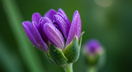 Close-Up Of Purple Aster Flower With Dew Droplets Surrounded By Green Foliage
