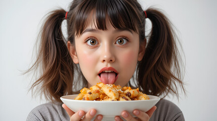 Portrait of astonished girl lick spoon hold hand look copyspace impressed with yummy supper wear stylish t-shirt isolated over white color background
