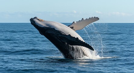 Fototapeta premium Humpback Whale Breaching in Open Ocean During Daytime with Blue Sky and Calm Water