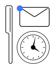 Pen, envelope with blue notification, analog clock. Ideal for communication, time management, productivity, planning, correspondence deadlines work focus. Simple flat metaphor