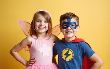 "A joyful scene of two young children posing together, each wearing a costume: the girl as a fairy, with wings and a tutu, and the boy dressed as a superhero, complete with cape and mask."
