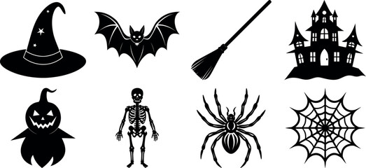 Set of halloween silhouettes black icon and character. witch, creepy and spooky elements for halloween decorations, sticker. Vectors on isolated background.