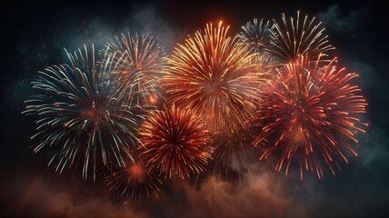 isolated multicolored fireworks grand finale bursting in dark sky, cinematic glow, seamless looping motion, high contrast, vibrant particles, celebration atmosphere