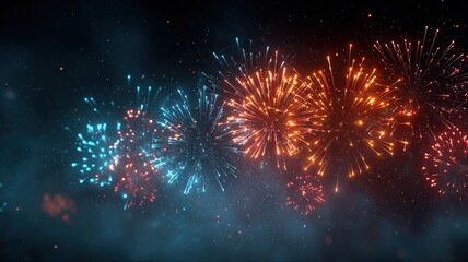 isolated multicolored fireworks grand finale bursting in dark sky, cinematic glow, seamless looping motion, high contrast, vibrant particles, celebration atmosphere