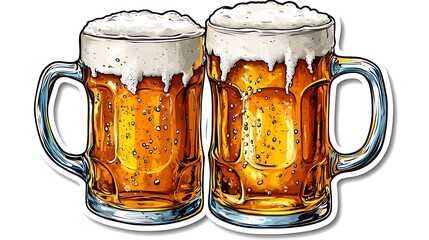 Oktoberfest Vector Illustration - Two Beer Mugs on White Background, Amber Beer with Foam, Clear Glass, Bubble Details, Sticker Style Design Material