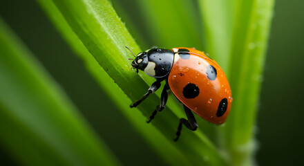 Fototapeta premium Close Up Of A Ladybug On Green Leaf Showing Vibrant Colors