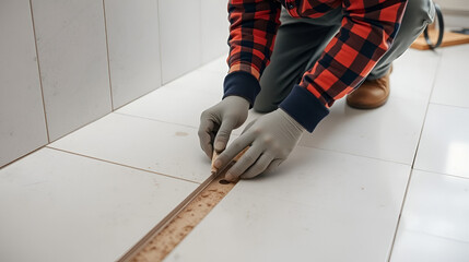 A construction worker sealing gaps between tiles during floor installation. Featuring craftsmanship and finishing work