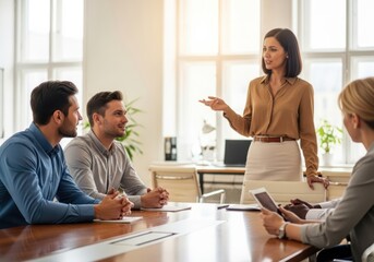 Confident woman leads business meeting with engaged colleagues
