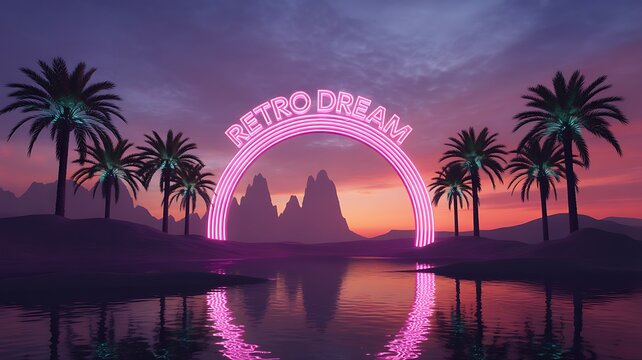 Retro Neon Arch with " RETRODREAM" Text Over Desert Landscape at Sunset sign