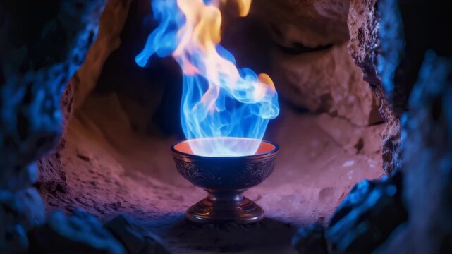 Metallic goblet with blue and orange dancing flames