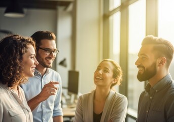 Diverse group of colleagues laughing and interacting in a bright office