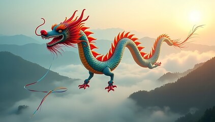 Obraz premium A giant Chinese dragon-shaped kite soaring above misty mountains, with its colorful silk tail flowing in the wind, symbolizing celebration and cultural heritage.