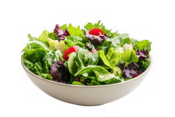 Fresh green salad bowl with tomatoes, lettuce, and healthy vegetables ready to eat, perfect for dieting and nutrition, isolated on transparent background
