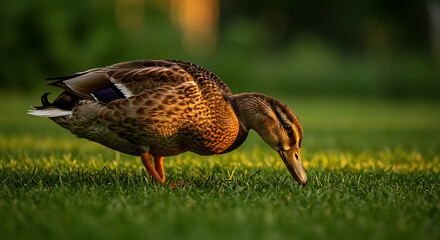 Close-up of Mallard Duck foraging in lush green park