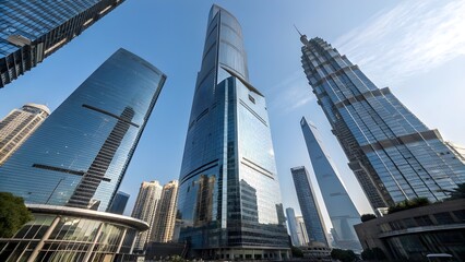 Fototapeta premium Modern skyscrapers reaching towards a clear blue sky in a bustling city