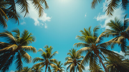 Looking up at blue sky and palm trees, view from below, vintage style, tropical beach and summer background, travel concept