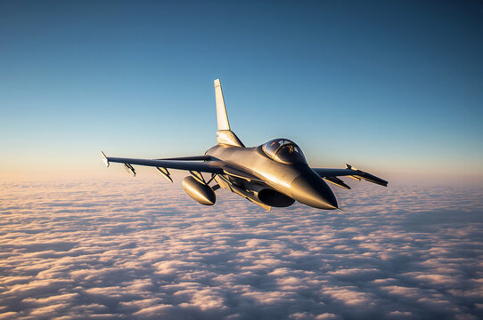 F-16 jet fighter soaring above the clouds at sunset.