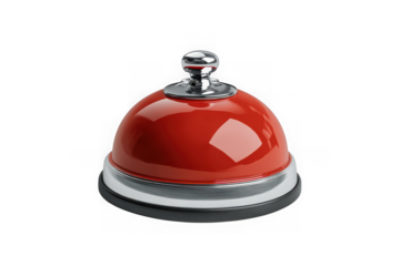 Red reception bell, service bell, call bell, desk bell, hotel bell, concierge bell, metal bell, shiny bell isolated on transparent background
