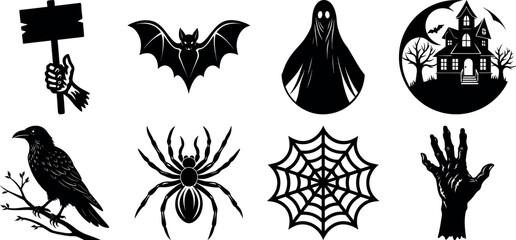 set of halloween element silhouette collection. Black and white vector. pmpkin, ghost, cat, horror house, witch, owl, raven bird, spider, witch hat