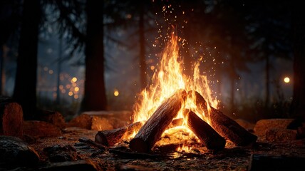 intimate fire scene at night, detailed flames licking logs, soft glow and sparks, ultra-realistic rendering, dark campsite mood