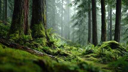 hyper-detailed forest scene, mossy trunks and green ferns in motion time-lapse, ethereal forest glow, natural serenity