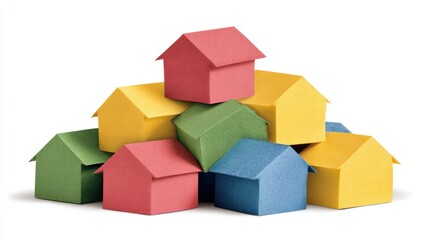 A vibrant collection of colorful paper houses, playful display of creativity and craft