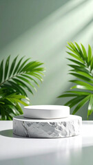 Obraz premium Stone podium for cosmetic product with tropical leaves and sunlight background with copy space