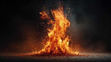high-speed slow motion flame burst, fiery explosion with glowing embers, clean dark backdrop, dramatic motion freeze, ultra-detailed fire texture