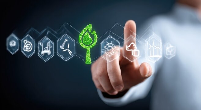 Hand pointing at a glowing green tree graphic over various energy icons