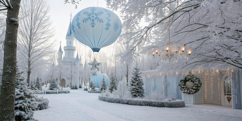 Fairytale Frozen-inspired décor with giant icy balloons, crystal snowflake chandeliers, and a silver shimmer wall, in a snow-covered enchanted garden, 8K hyper-realism.
