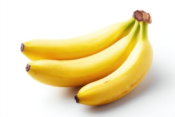 Three ripe bananas clustered together, a bright yellow hue, against a white background