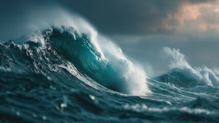 high-detail wave crash in slow motion, glowing blue water under moody sky, stormy sea energy, realistic ocean surface texture