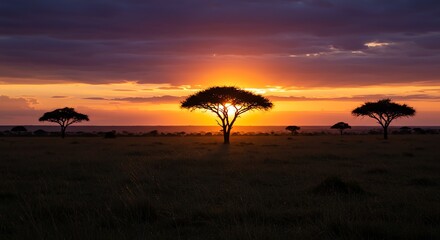 Scenic Sunset Sunset Over African Savannah with Silhouetted Acacia Trees