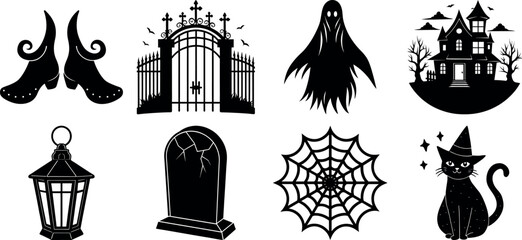 set of halloween element silhouette collection. Black and white vector. pmpkin, ghost, cat, horror house, witch, owl, raven bird, spider, witch hat