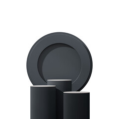 a black color curved cylinder with circle backdrop, in a 3d render mockup template