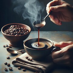 hand holding spoon with pouring coffee in bowl