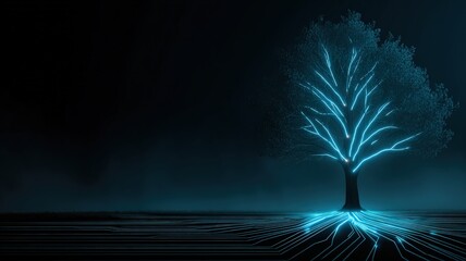 hi-tech electronic tree growing from circuit lines, neon blue glow, abstract tech nature fusion, cinematic light pulses, clean dark background