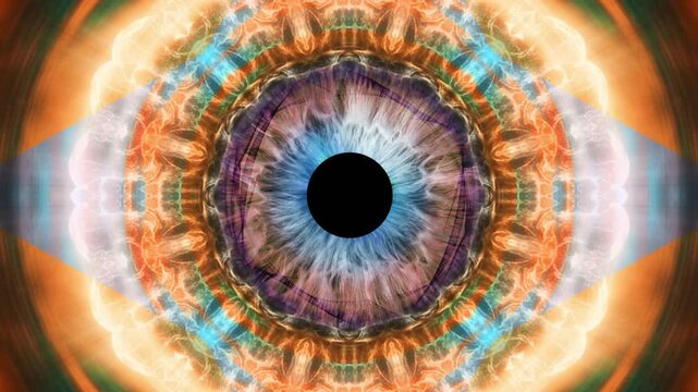 Close-up of a human iris with psychedelic multicolored patterns