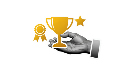 Celebrating Success: Hand Holding Golden Trophy with Award Ribbon and Star on Black