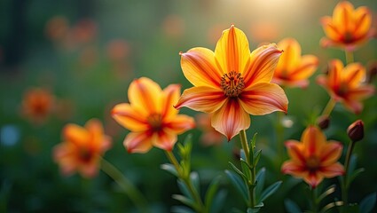 Close-up of vibrant orange and yellow flowers in a garden.