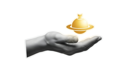 Human hand presents a golden planet icon, showcasing technology, future, science and astronomy.