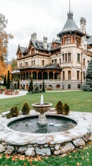 Fototapeta premium Majestic Chateau with Autumnal Fountain
