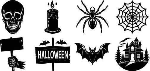 set of halloween element silhouette collection. Black and white vector. pmpkin, ghost, cat, horror house, witch, owl, raven bird, spider, witch hat