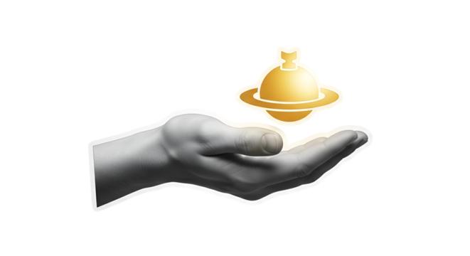 Human hand presents a golden planet icon, showcasing technology, future, science and astronomy.