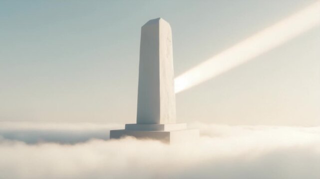 White obelisk atop clouds illuminated by sweeping sunbeam