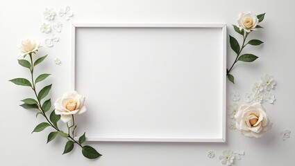 Empty white frame surrounded by pastel flowers and leaves.