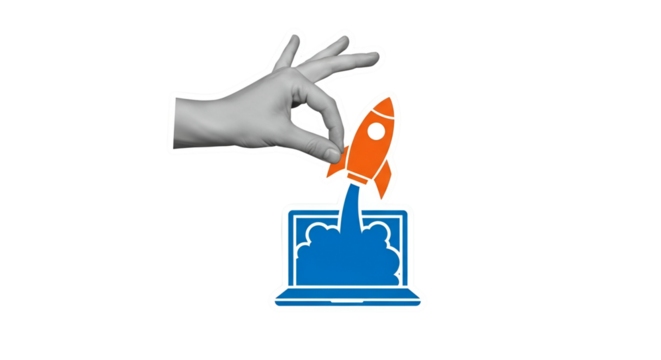 Hand launching a rocket from laptop screen signifies business startup and tech innovation.