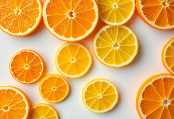 Obraz premium Bright citrus slices, juicy lemon and orange segments on white background, healthy, vitamin c