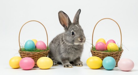 Cute Gray Bunny Sitting Between Colorful Easter Eggs and Baskets on White Background